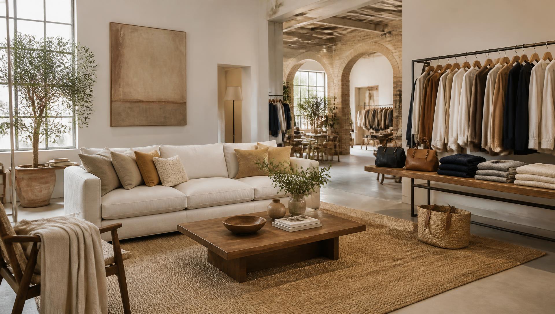 Italian showroom with sofa, wooden table, rug, apparel rail and handbags